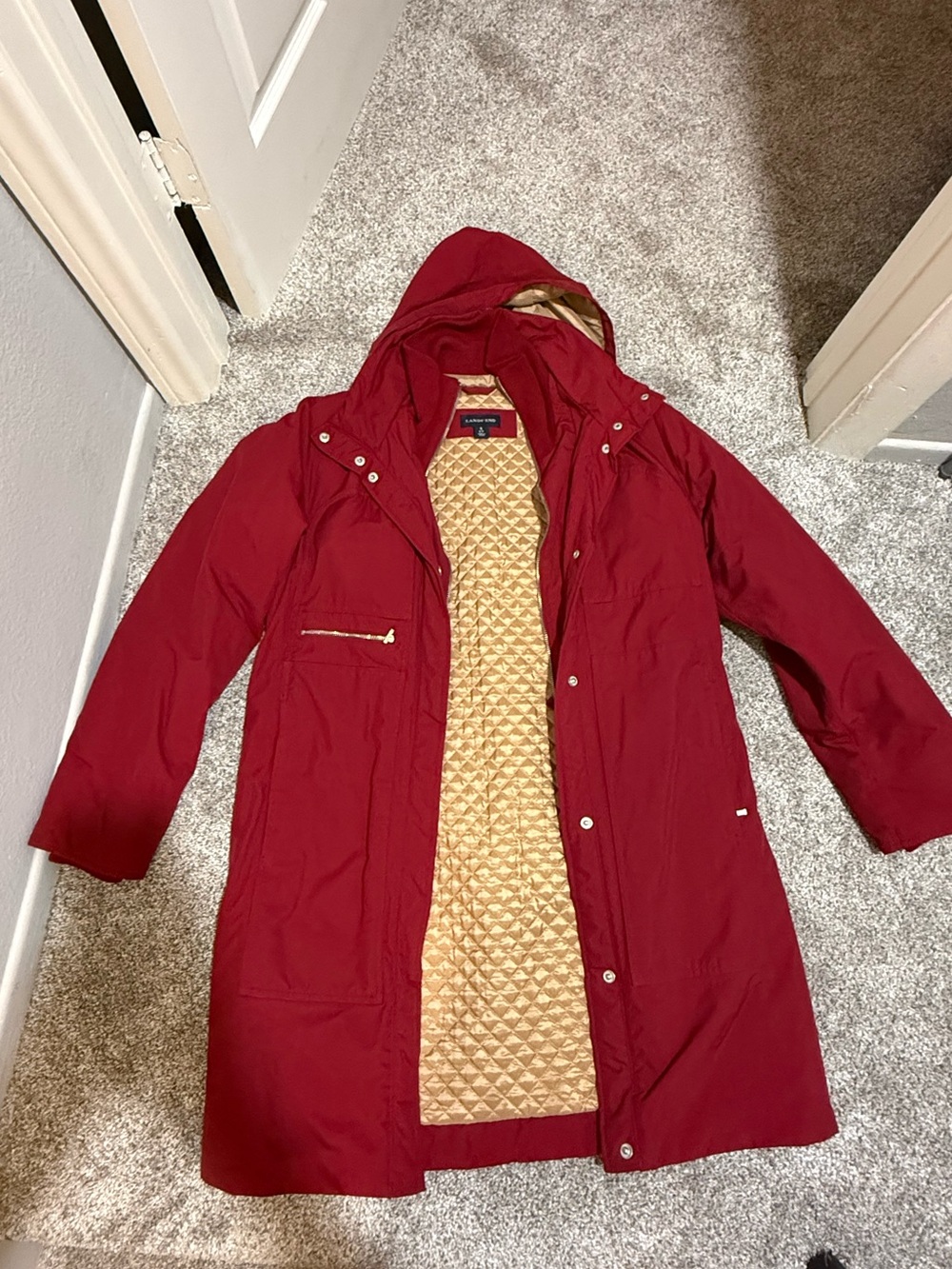 Lands' End Red Hooded Trench Coat with Gold Quilted Lining